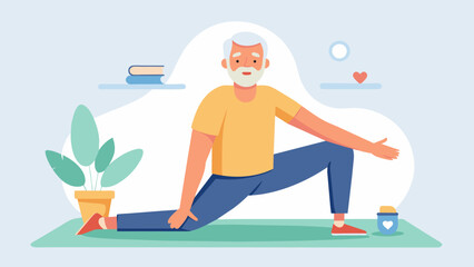 An older man practices a series of gentle stretches and poses guided by a soothing voice on a meditation app as he manages the pain from his sciatica.. Vector illustration