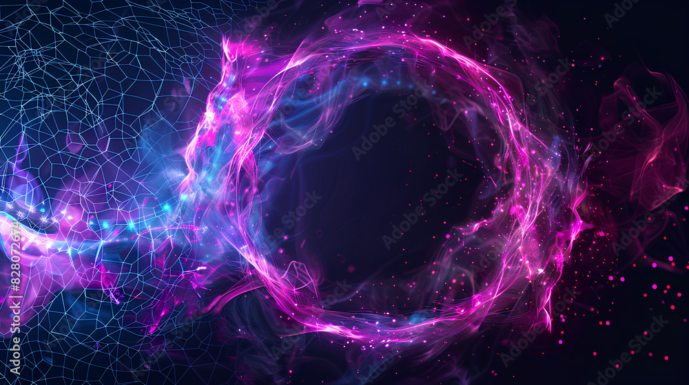 Poster abstract neon energy sphere of particles and waves of magical glowing on a dark background, circle a