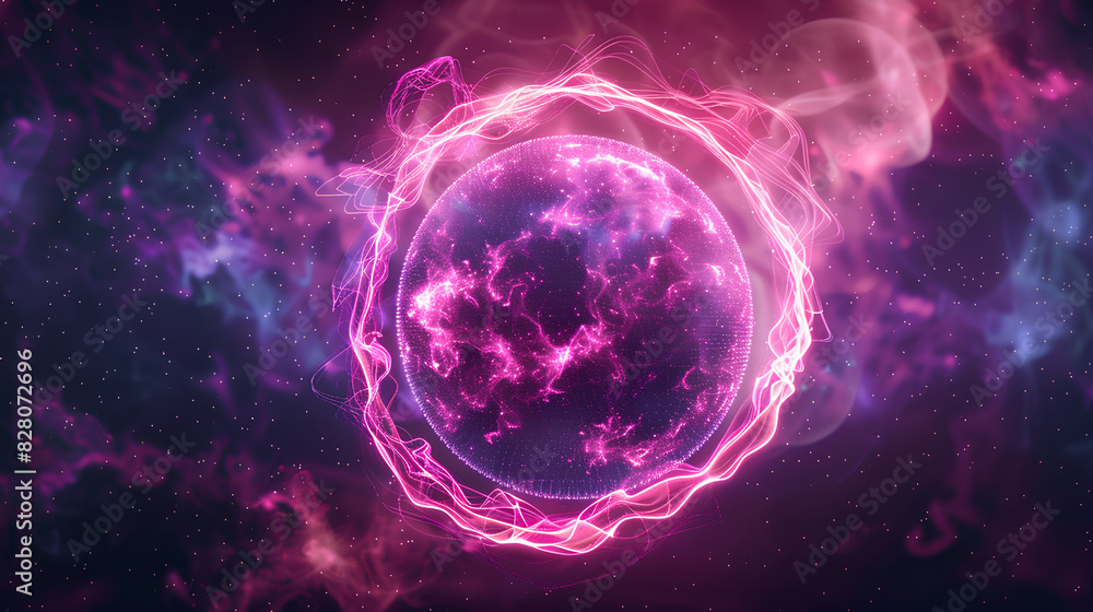 Poster abstract neon energy sphere of particles and waves of magical glowing on a dark background, circle a