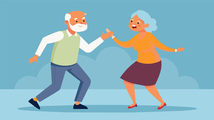 Two seniors exchanging playful banter as they practice their chacha steps filled with laughter and enjoyment during their dance class.. Vector illustration