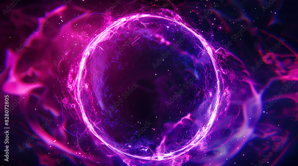 Poster abstract neon energy sphere of particles and waves of magical glowing on a dark background, circle a