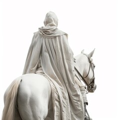 knight in a cloak on a white horse, white background, back view