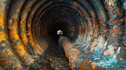 inside old dirty sewer line pipe. rusty casting iron drain tube