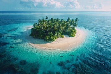 Serene remote island with white sandy beaches and crystalclear turquoise waters, surrounded by lush palm trees and vibrant coral reefs