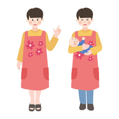 赤ちゃんを抱っこする女性の保育士手描きベクターイラスト