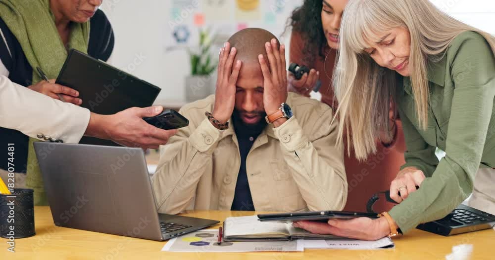 Canvas Prints Businessman, workplace and multitasking with stress and working with laptop, burnout with pressure from job. Male person, company or colleagues with report for frustrated, headache for mental health