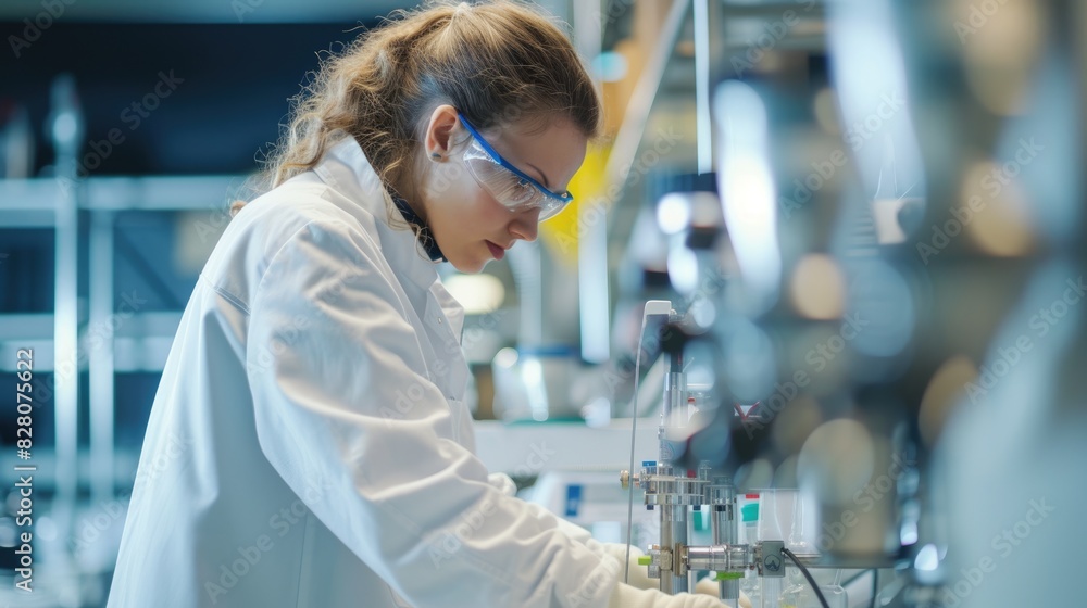 Poster an engineer is conducting experiments in a science lab, wearing a lab coat. aig41