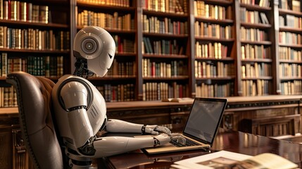 ai robot typing on laptop in library