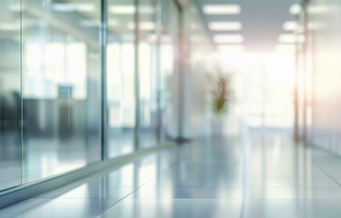 Abstract blurred office interior background with white walls and glass doors, featuring a modern business workspace and bokeh effect. Ideal for design use and conveying a sleek, contemporary corporate