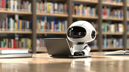 ai robot typing on laptop in library
