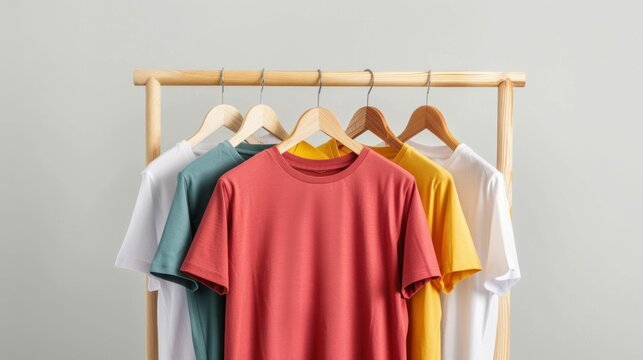Colorful tshirts hanging on wooden hanger in fashionable display on gray background