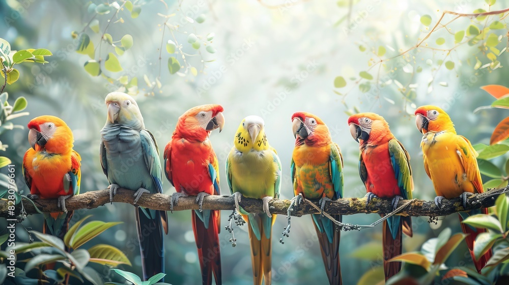 Wall mural A vibrant tropical scene featuring colorful parrots perched in a lush, green jungle setting. Stunning wildlife and nature stock photo. - Wall murals