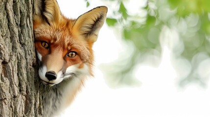 A curious fox peeking from behind a tree in a forest setting with green foliage and soft, blurred background. Nature and wildlife concept.