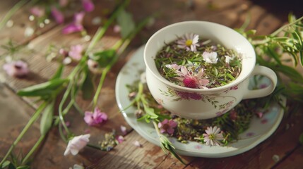 Floral and aromatic herbs in a teacup