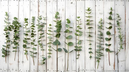 Eucalyptus branches and leaves on wooden rustic white background. Minimal background eucalyptus on white board.
