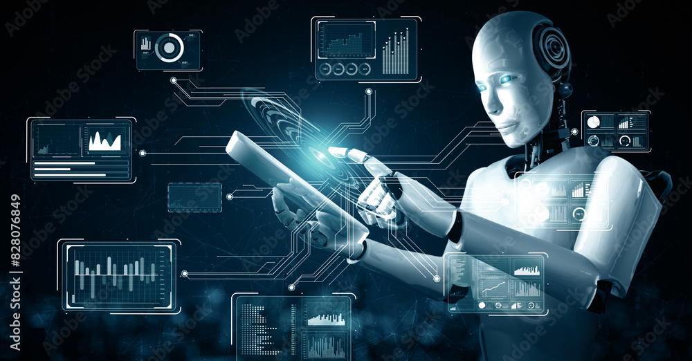 Poster mlb 3d illustration robot hominoid using tablet computer for big data analytic using ai thinking bra
