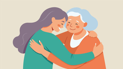 An elderly woman receiving a gentle hug from a caregiver demonstrating the power of physical touch in providing comfort and support during a mental health first aid training.. Vector illustration