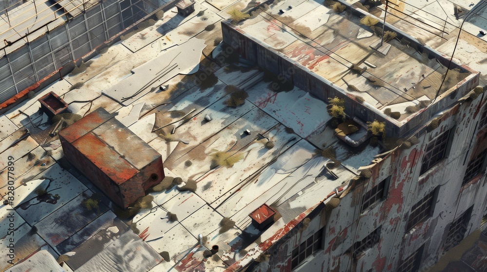 Poster a building with a rusted roof and a small red box on top