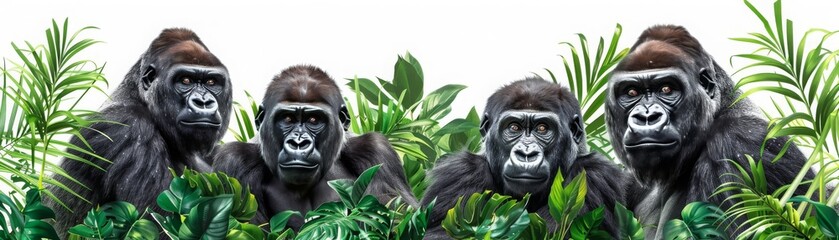 Obraz premium Four gorillas in their natural habitat surrounded by lush green foliage, observing their environment alertly.