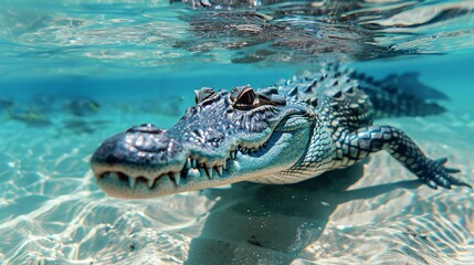 Fototapeta premium Underwater shot of a crocodile swimming in clear blue water, showcasing its powerful body and sharp teeth.
