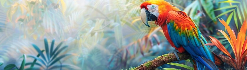 Obraz premium Vibrant macaw perched on a branch in a lush rainforest setting, surrounded by colorful foliage and misty atmosphere.