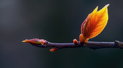 Close up photo showing a beautiful spring leaf emerging from a bud on a tree branch