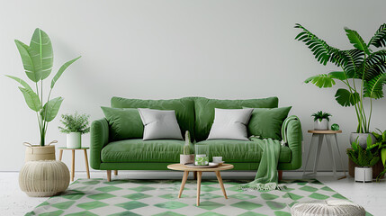 Green sofa and decor in living room on white background