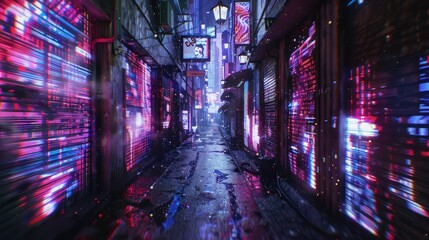 Glitchy holographic projections flickering in dark alleys