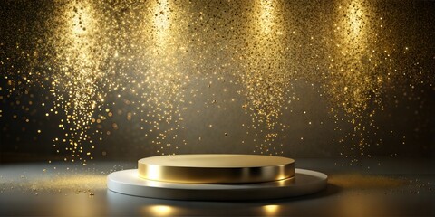 Obraz premium Podium background 3D product platform surrounded by floating golden particles.