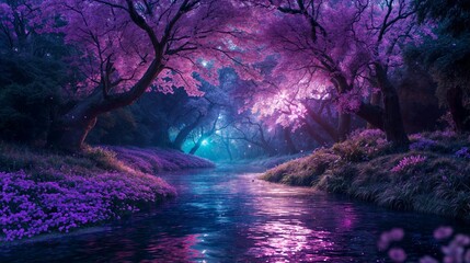River in the night fluorescent forest of magic and enchantment