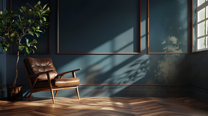 Modern interior of living room with leather armchair on wood flooring and dark blue wall