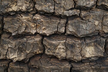 Cracked and rough tree bark displaying deep grooves and splinters. Natural pattern concept