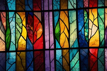 Stained glass window background with colorful Leaf and Flower abstract.