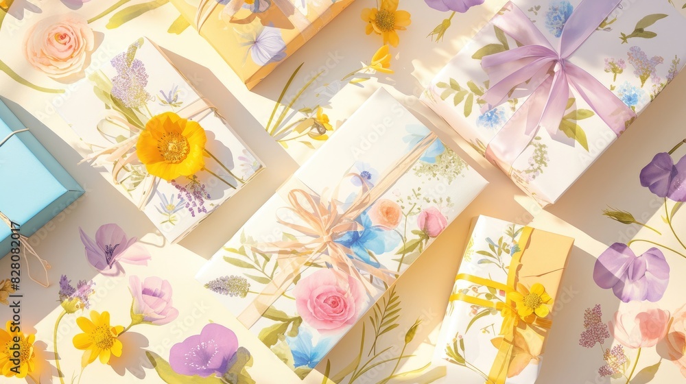 Poster an array of vibrant flowers in various sizes and soft pastel shades set against a backdrop of whimsi