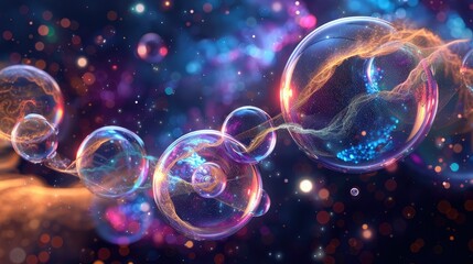 Holographic bubbles floating in ethereal space, reflecting rainbow hues
