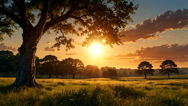 Animation of the Sun breaking through a sycamore tree at sunset on a summer meadow  Seamless looping 4k time-lapse animation video background