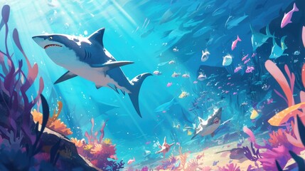 In this captivating ocean tale for kids a vibrant cartoon shows two cunning sharks on the prowl for their next meal beneath the waves