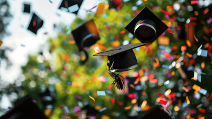 Graduation caps thrown in the air with colorful confetti and trees in the background