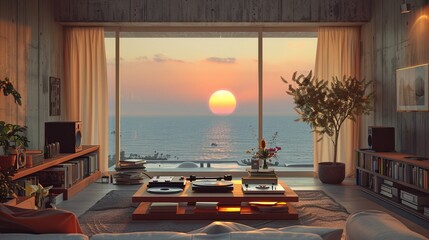 A minimalist los angeles studio with modern architecture, with large window view of the sea, moonlight and a moon in the sky, vinyl player on a table, soft shadows, complementary colours, high saturat