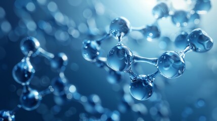 blue molecule atoms structures on blue liquid serum background. Science Molecular water drop DNA Model Structure Atoms bacgkround Medical, 4k 