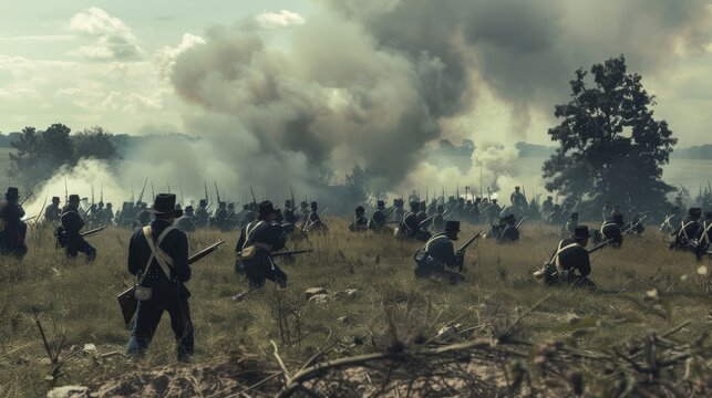 Scene from the American Civil War with soldiers and battlefield imagery