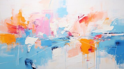 A vibrant abstract painting with bold splashes of colorful strokes, featuring shades of blue, pink, orange, and white, creating a dynamic composition.