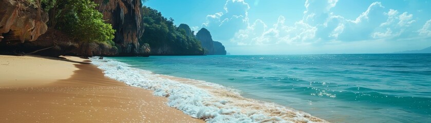 Obraz premium Idyllic tropical beach with golden sand, turquoise waters, and lush cliffs under a bright blue sky, perfect for a tranquil getaway.