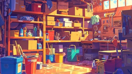 Obraz premium In the image you can spot a storeroom filled with a variety of household items neatly arranged on shelving and warehouse racks Among the items are cardboard boxes buckets brushes bottles a 