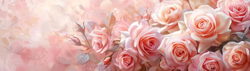 Elegant watercolor painting of pink roses in full bloom, highlighting soft gradients and delicate petal details, perfect for romantic themes.