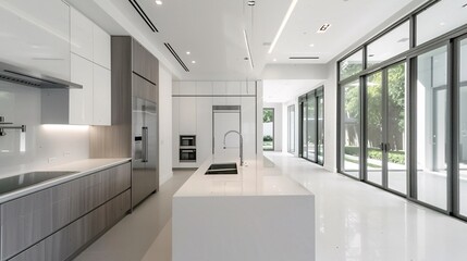 Fototapeta premium A photo of a large kitchen with white cabinets and an island, grey accents, stainless steel appliances, bright lighting, large windows, a modern style home interior design, white walls, a gray floor,
