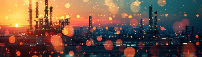 Vibrant industrial cityscape at sunset with colorful light bokeh, featuring factories and chimneys against a glowing evening sky.