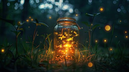 Glowing firefly jar casting warm light