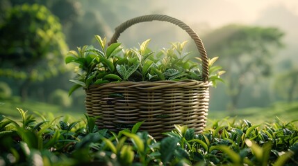 Tea, tea fields, a bamboo basket filled with tea