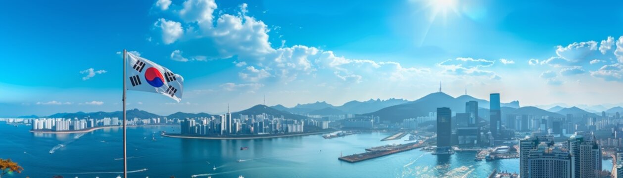 Panoramic view of a coastal South Korean city with a national flag, showcasing urban skyline, mountains, and waters under a bright sky.